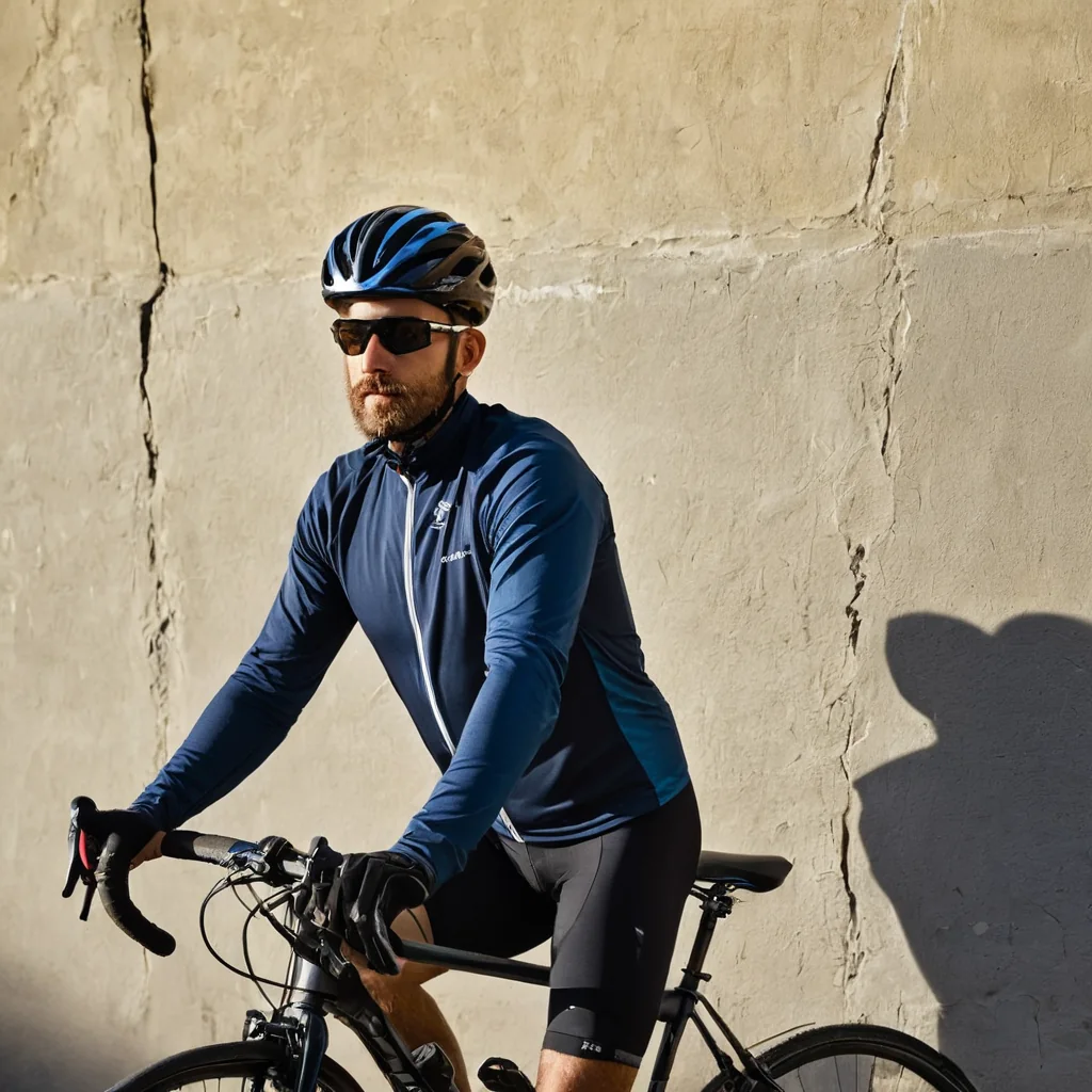 A bearded cyclist in blue gear and helmet pauses beside a textured beige wall casting a sharp shadow.