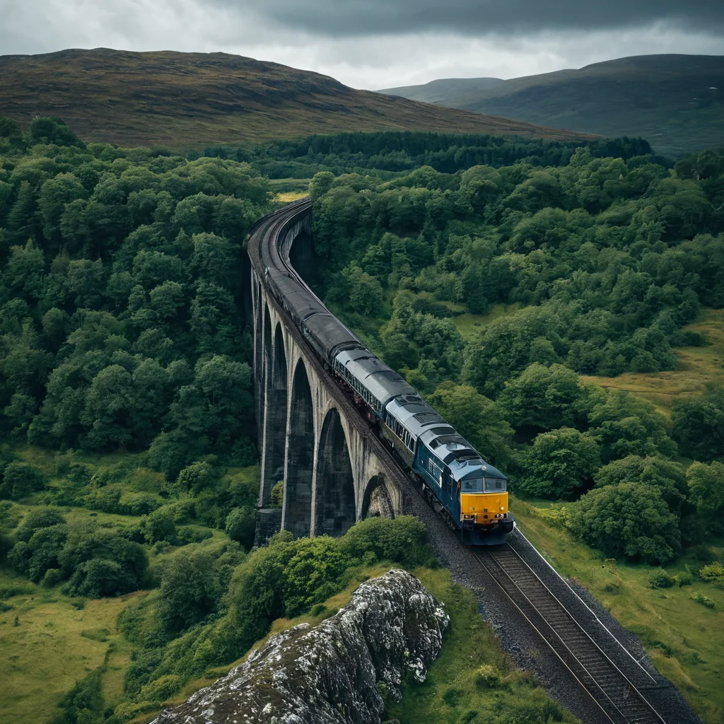 A blue and yellow train curves along a towering stone viaduct through lush green forests under a cloudy sky.