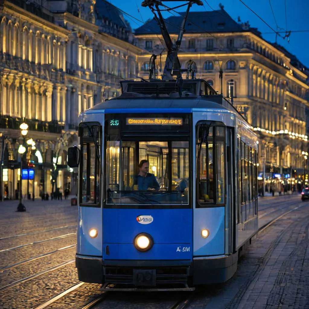 A blue tram with glowing headlights glides down a cobblestone street at dusk past warmly lit historic buildings.