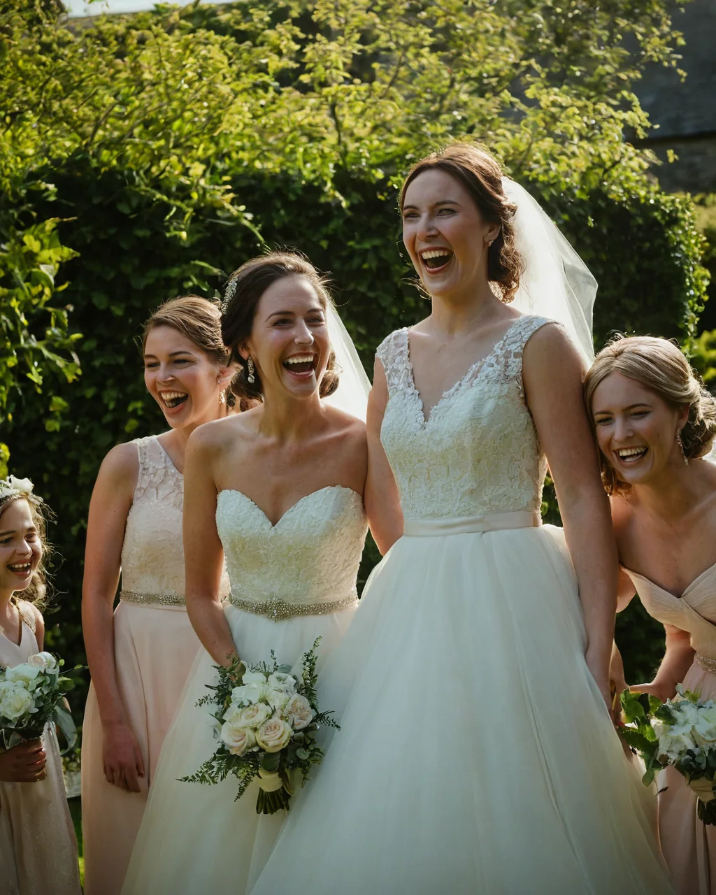 A bride and bridesmaids laughing together in a garden wearing wedding dresses and holding bouquets.