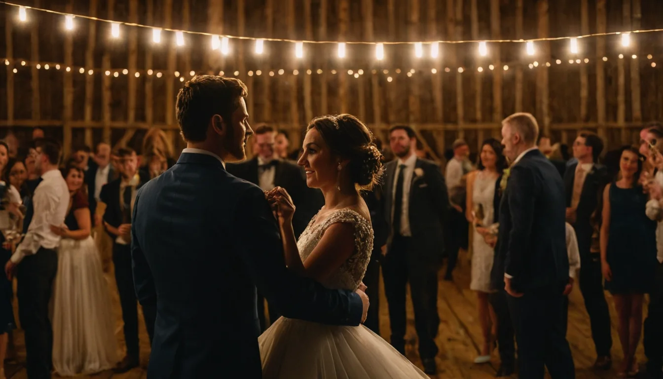 A bride and groom dancing at a wedding in a rustic barn with string lights and guests watching.