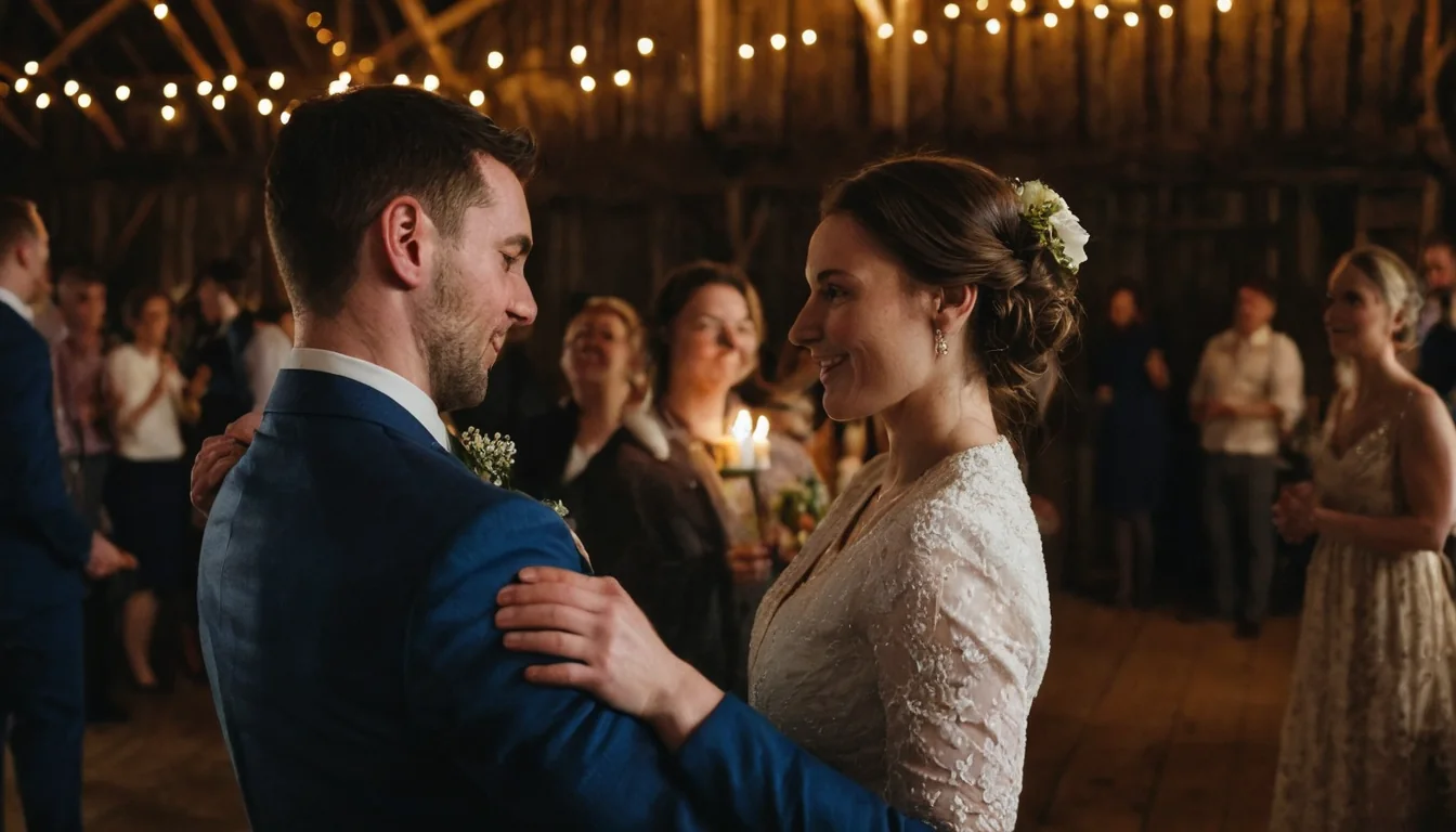 A bride and groom dancing at their wedding in a rustic barn with guests watching.