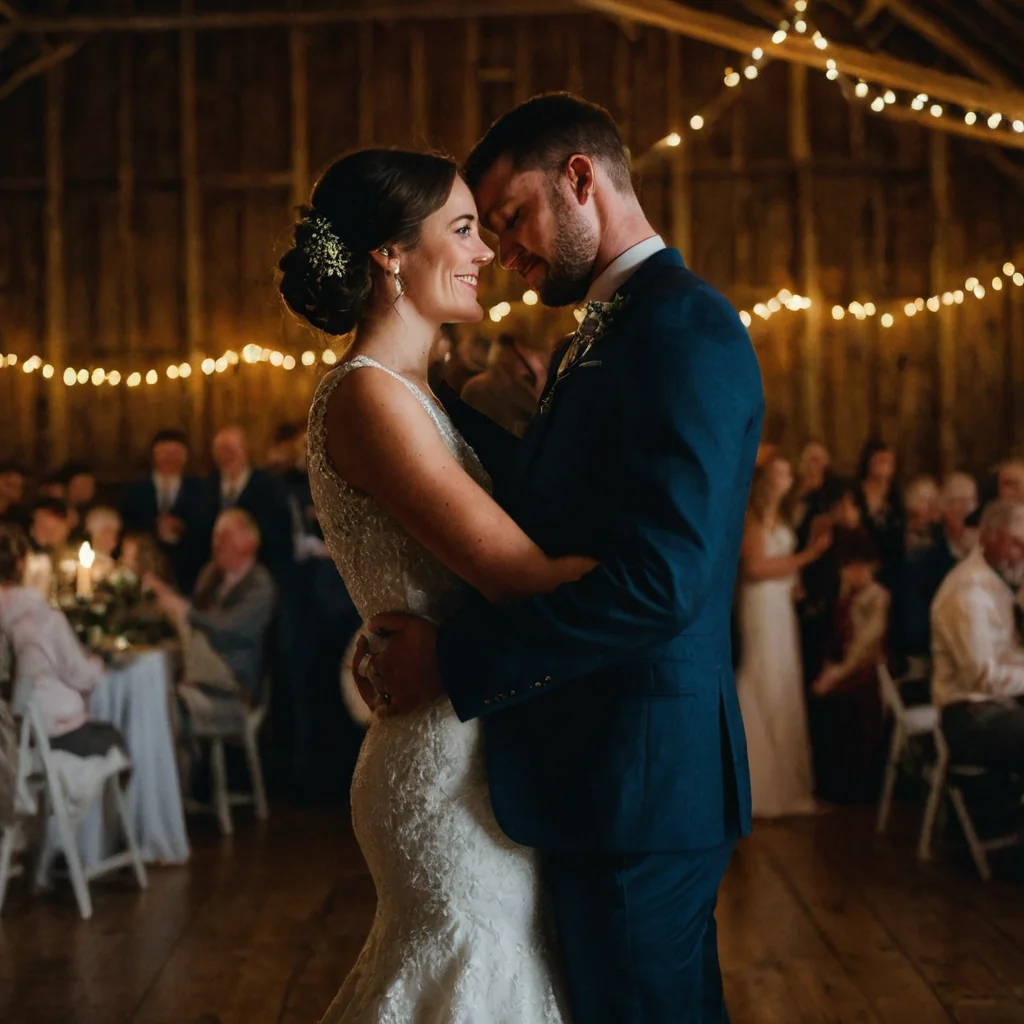 A bride and groom dancing closely in a rustic barn during their wedding reception.