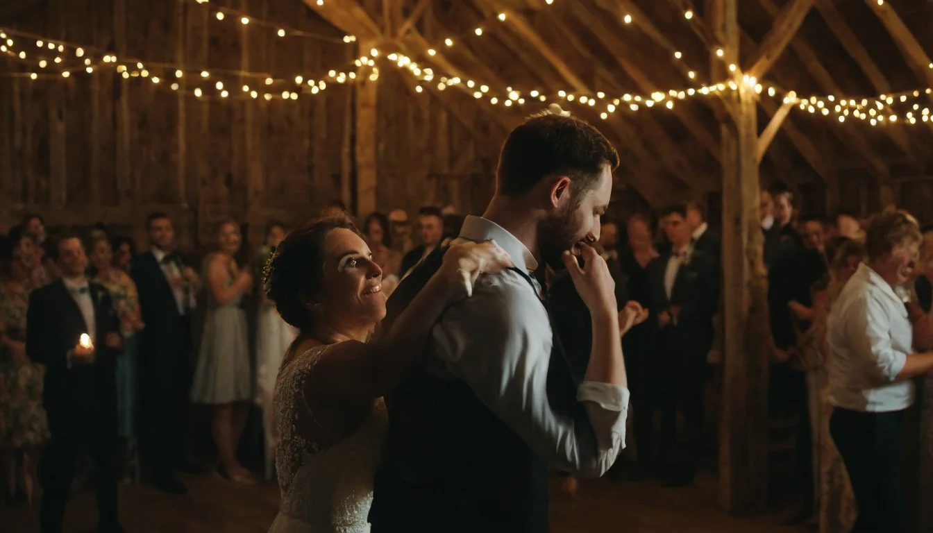 A bride and groom dancing in a rustic barn with string lights and guests watching.