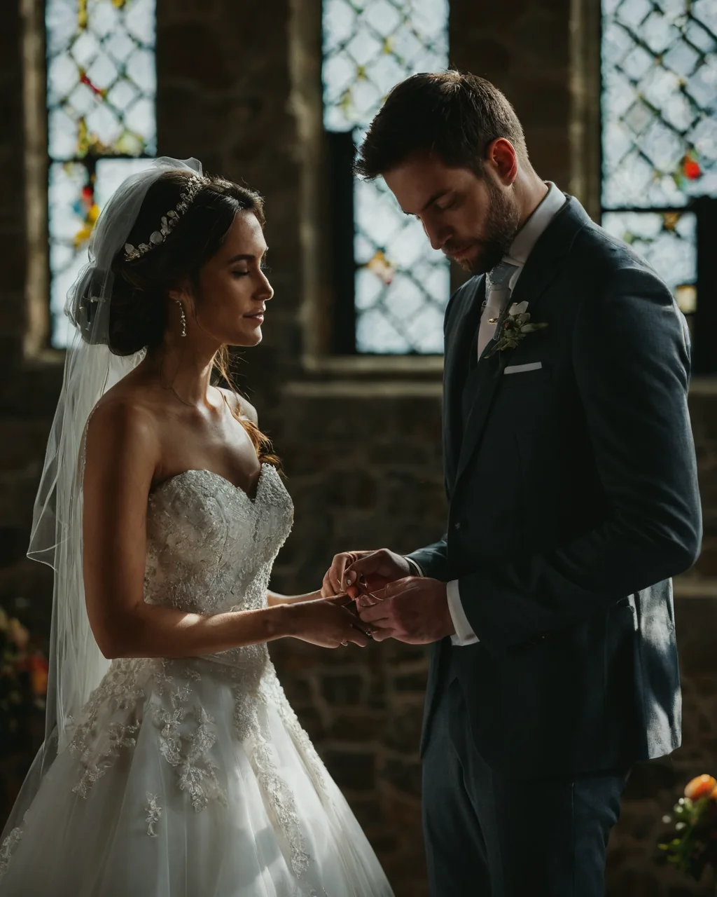 A bride and groom exchange wedding rings in a stone church with stained glass windows.