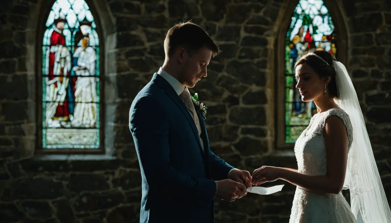 A bride and groom exchange wedding rings in a stone church with stained glass windows.