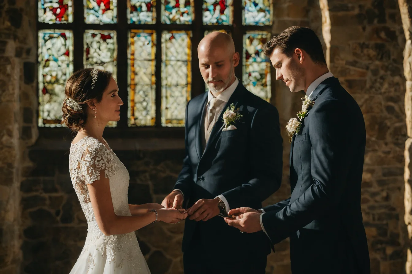 A bride and groom exchange wedding rings under stained glass windows in a stone church with warm sunlight.