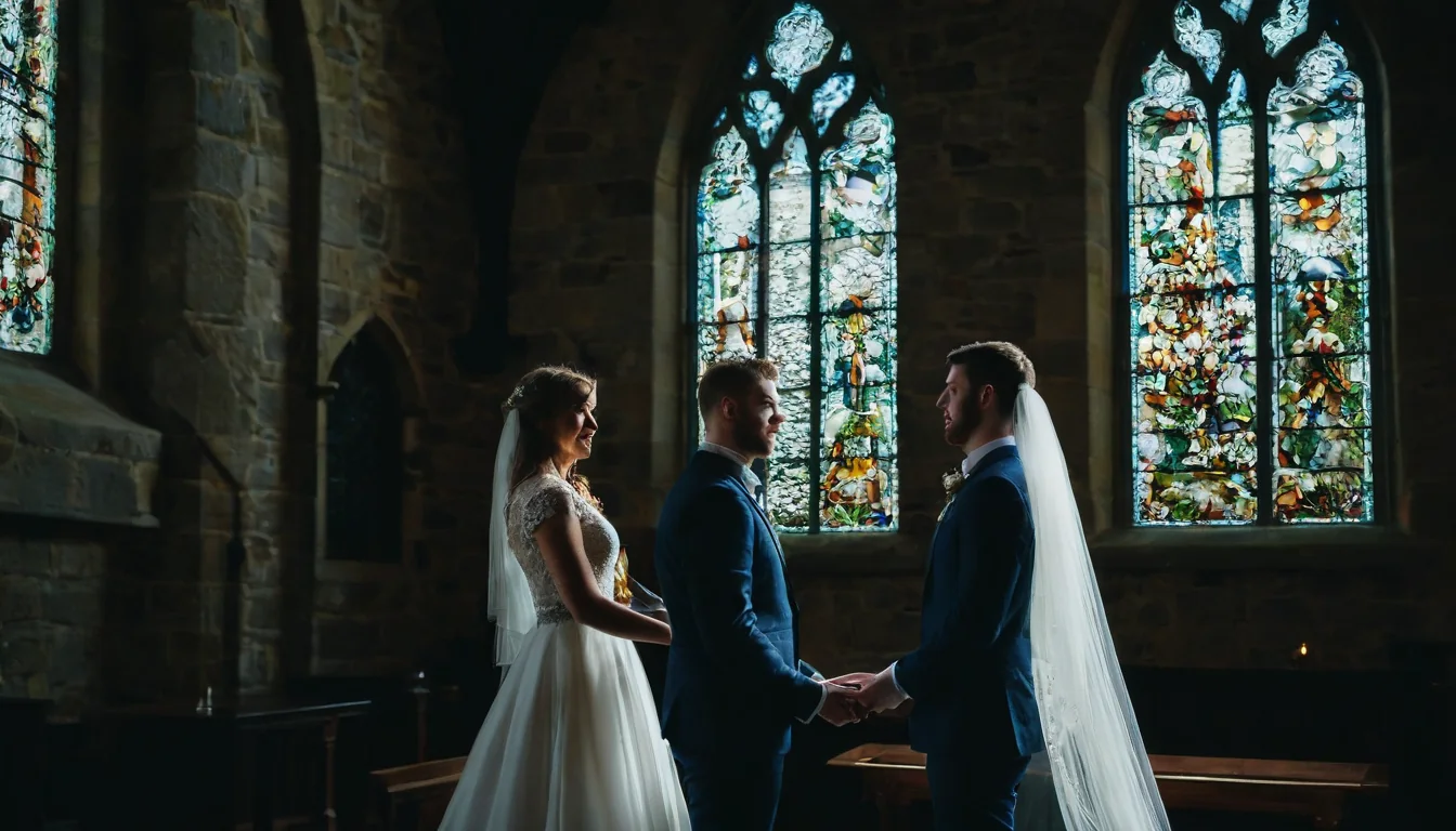 A bride and groom holding hands and smiling during a church wedding under stained glass windows.