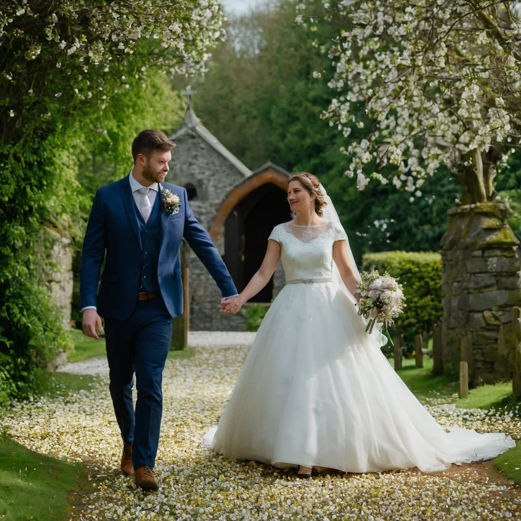 A bride and groom holding hands walking on a petal-covered path near a stone chapel.