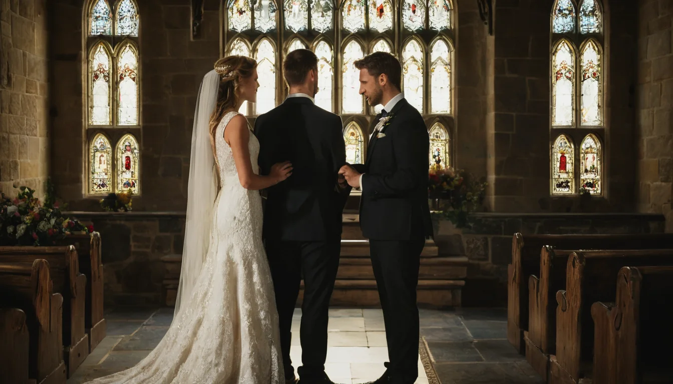 A bride and groom stand facing each other during a church wedding ceremony under stained glass windows.