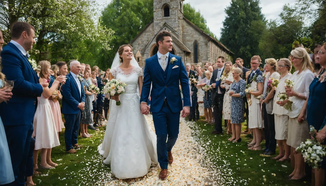 A bride and groom walk down a petal-strewn aisle toward a church as guests cheer and toss petals.