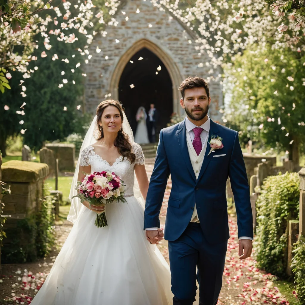 A bride and groom walk toward a church under falling rose petals in a garden setting.