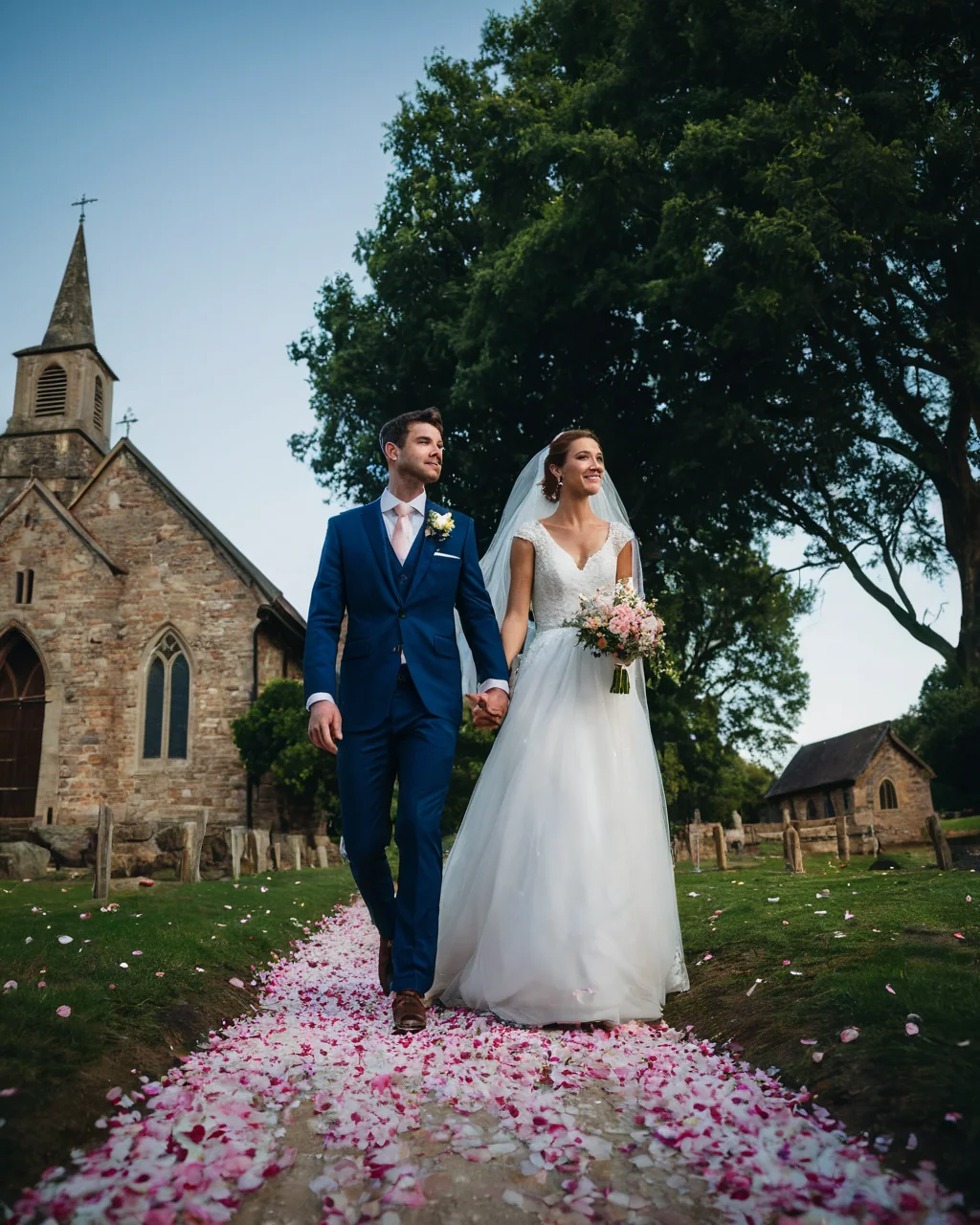 A bride and groom walking down a rose petal path toward a stone church.