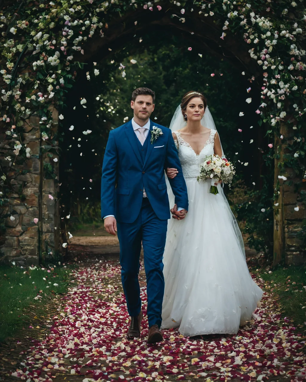 A bride and groom walking under a floral arch with falling rose petals.