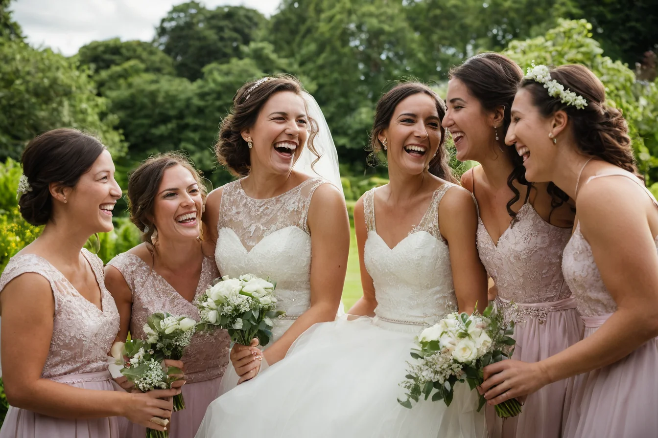 A bride and her bridesmaids laughing together in a garden holding white bouquets