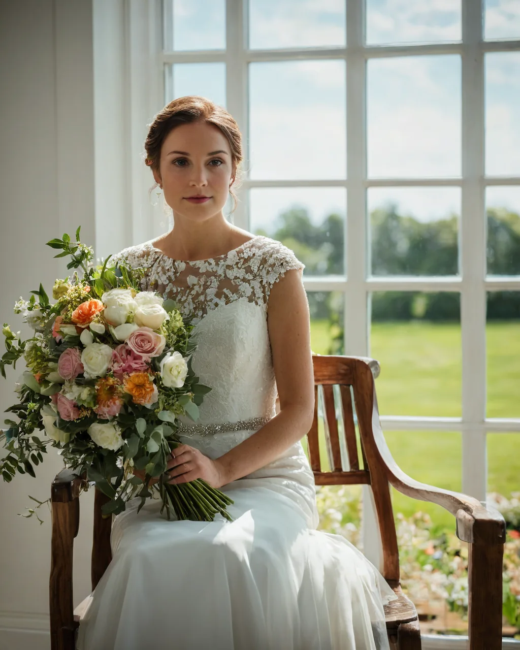 A bride in a white lace wedding dress holding a floral bouquet while seated on a wooden chair by a window.