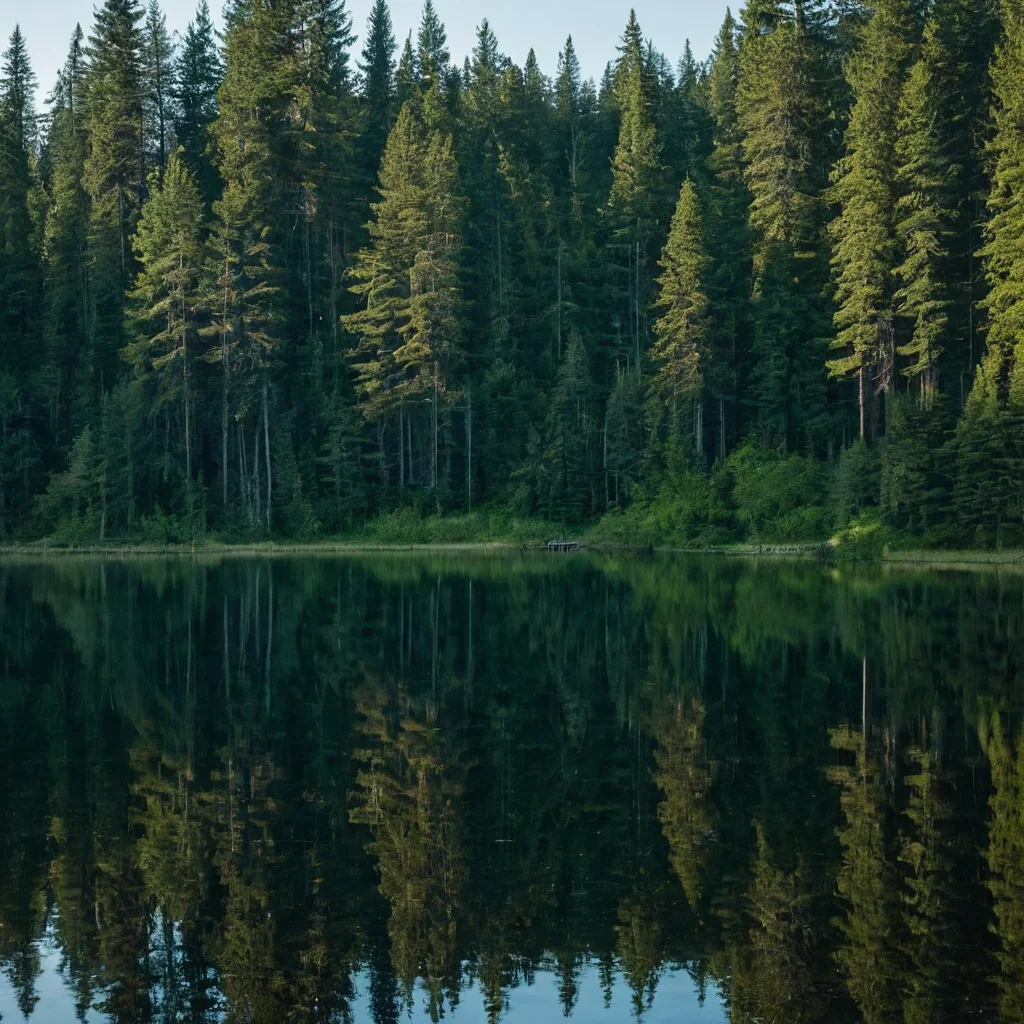A calm lake perfectly mirrors a dense forest of tall evergreen trees.