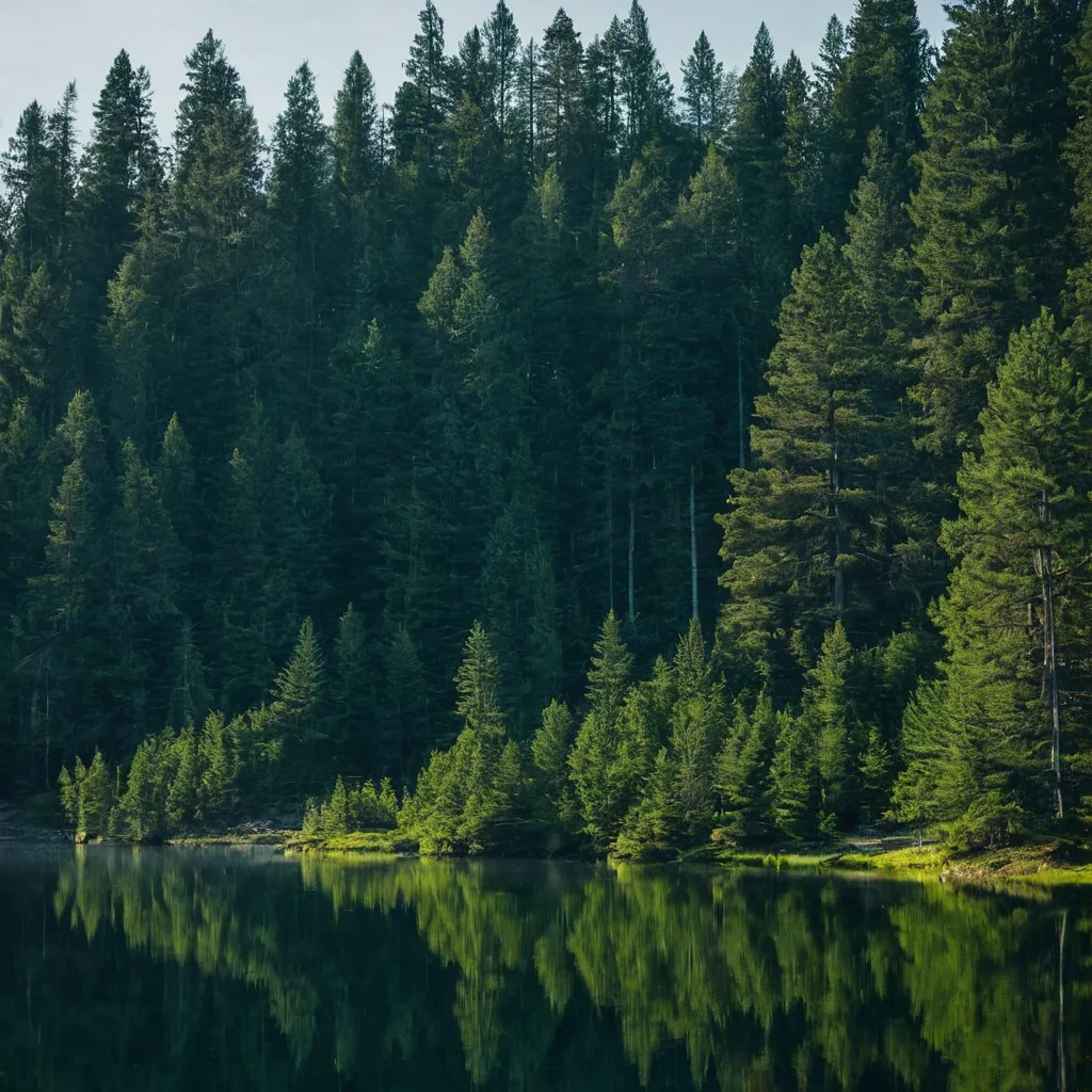A calm lake reflects a dense forest of tall evergreen trees under a soft sky.