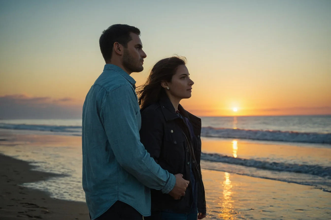A couple standing together on a beach watching the sunset over the ocean.