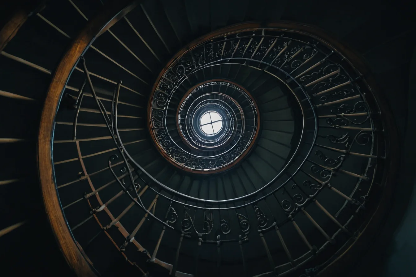 A dark spiral staircase with metal railings leading down to a bright skylight