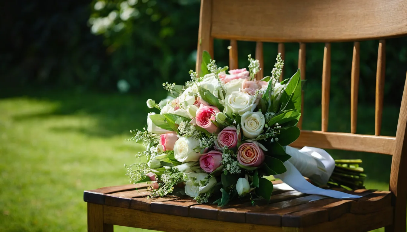 A floral bouquet of pink and white roses sits on a wooden bench in a sunny garden.