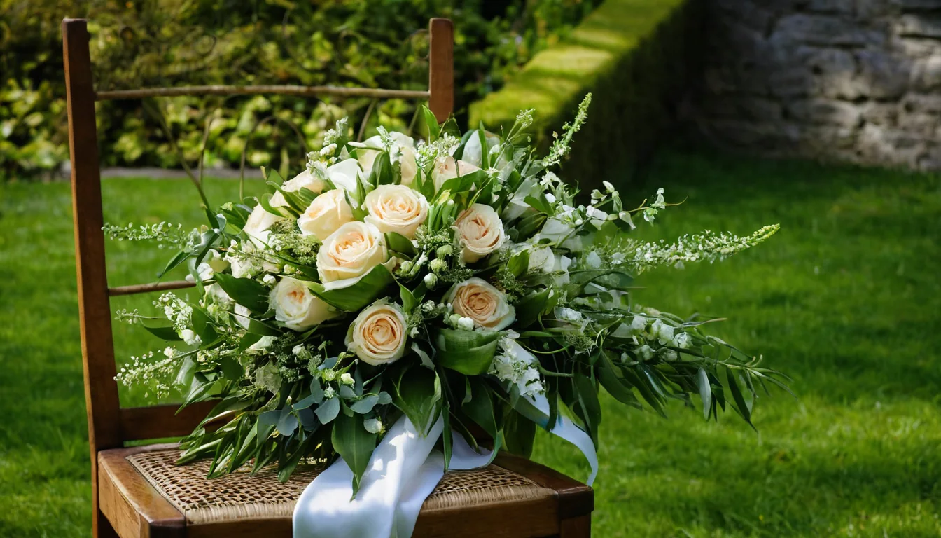 A floral bouquet with roses and greenery sits on a wooden chair in a grassy garden.