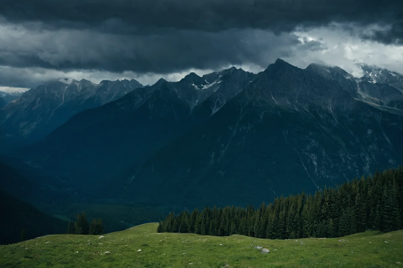 A green meadow with pine trees overlooks a dark mountain range under storm clouds.