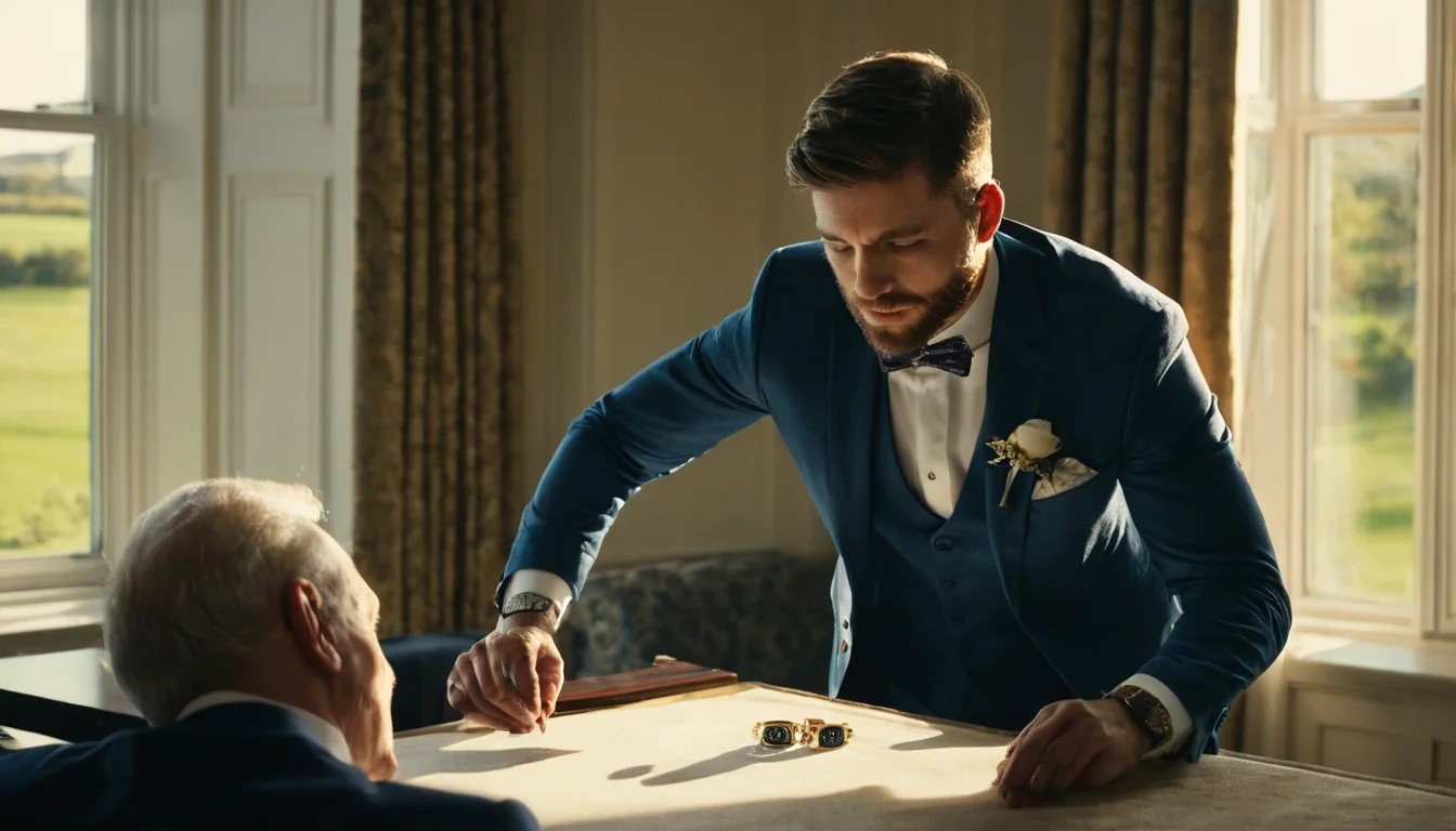 A groom in a blue suit leans over a table placing wedding bands on it while sunlight streams through windows.