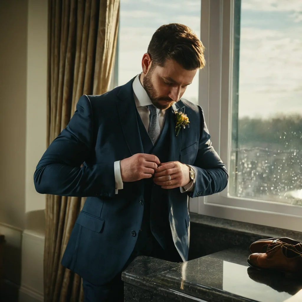 A groom in a navy suit fastens his vest button by a rainy window with golden curtains.