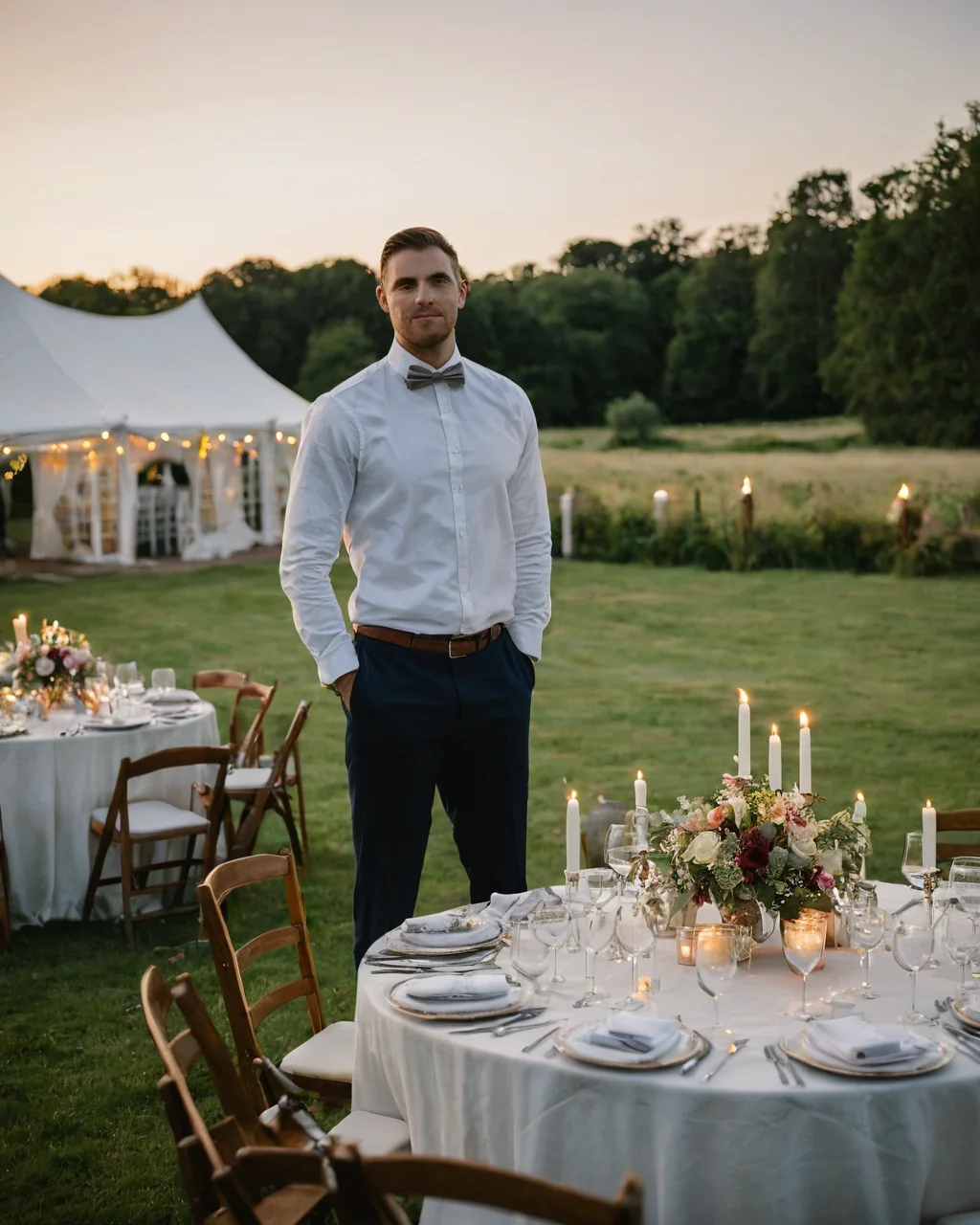 A groom in formal attire stands beside a decorated wedding table with candles and flowers outdoors at dusk.