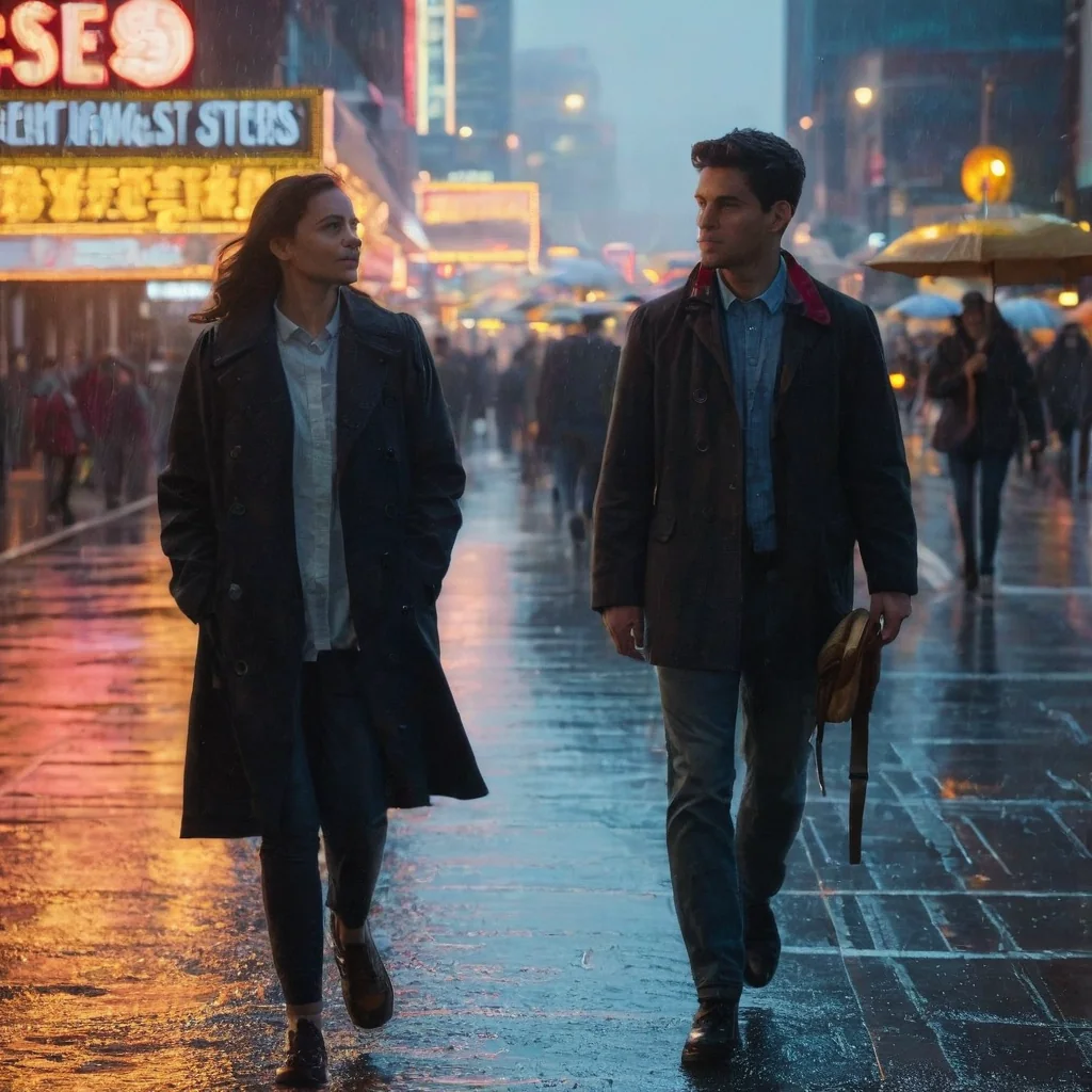 A man and woman walk side by side through a rainy city street at night with neon signs reflecting on wet pavement.