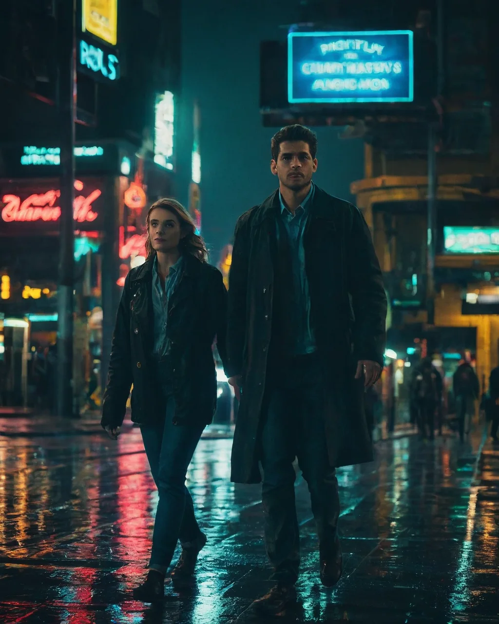 A man and woman walk together on a wet city street under glowing neon signs at night.