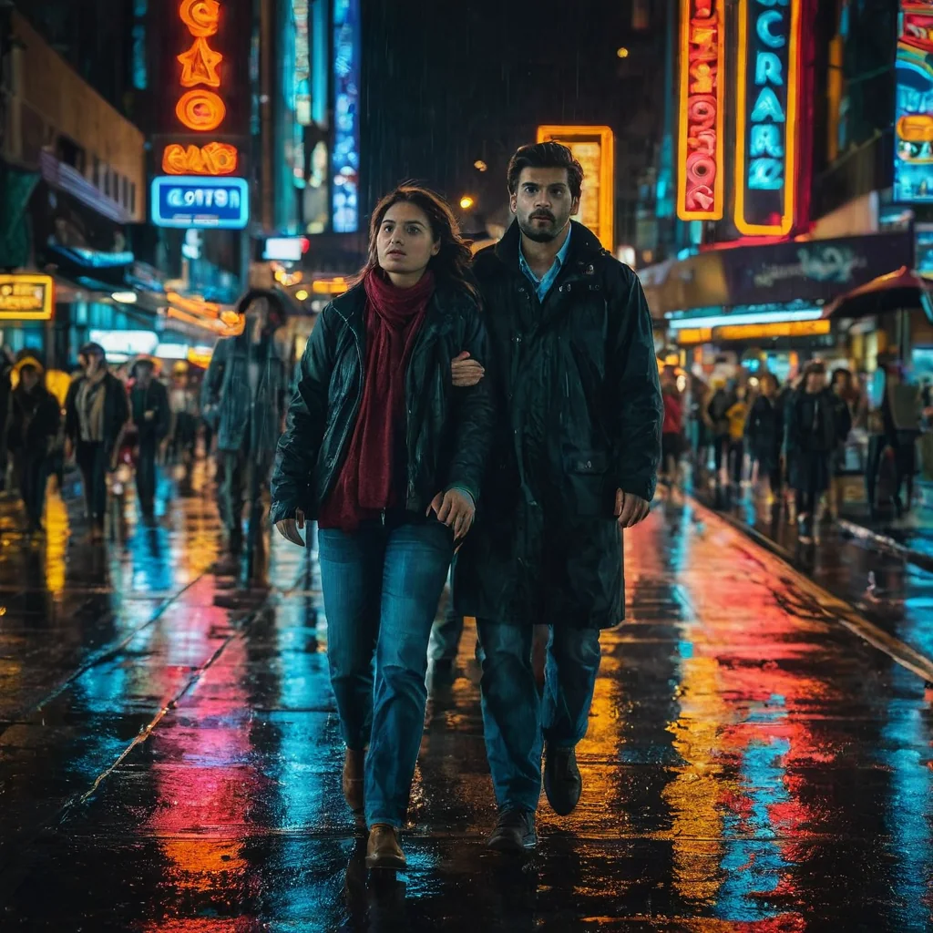 A man and woman walk together through a rainy city street at night under glowing neon signs.