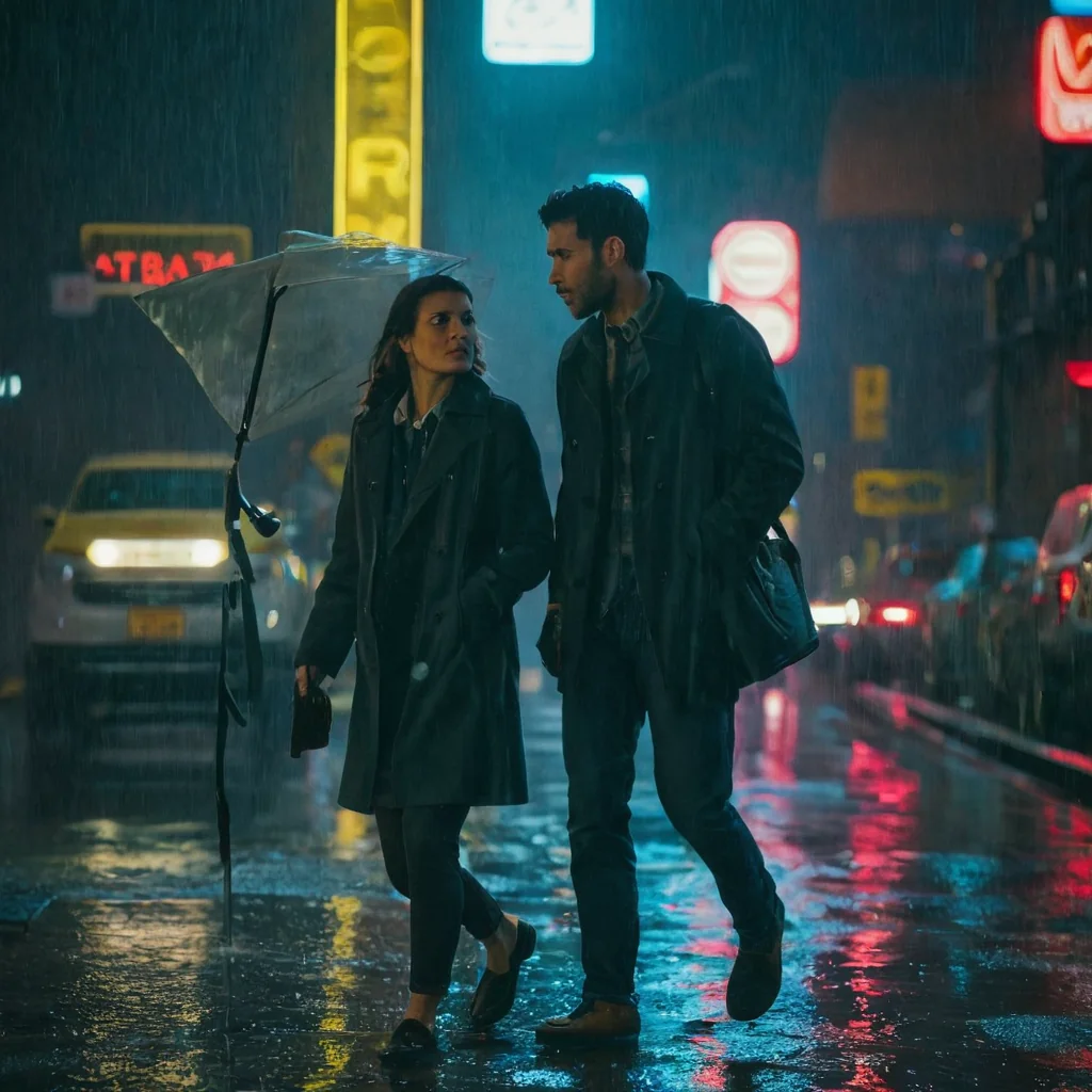 A man and woman walk together under an umbrella in heavy rain on a wet city street at night with neon lights reflecting on the pavement.