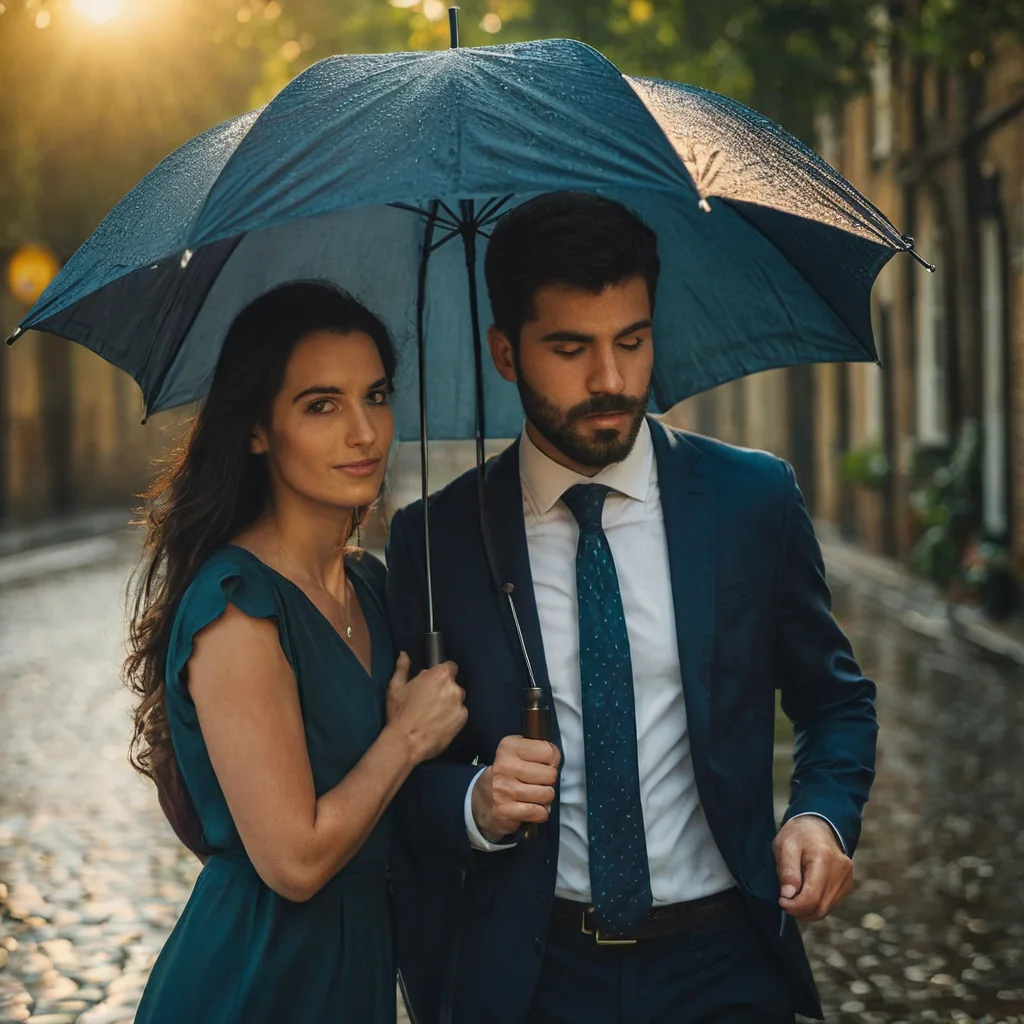 A man and woman walking under a teal umbrella on a rainy cobblestone street at sunset.