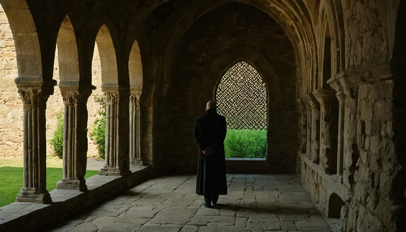A man in a black robe stands in a stone cloister looking out at green grass through an arched window.