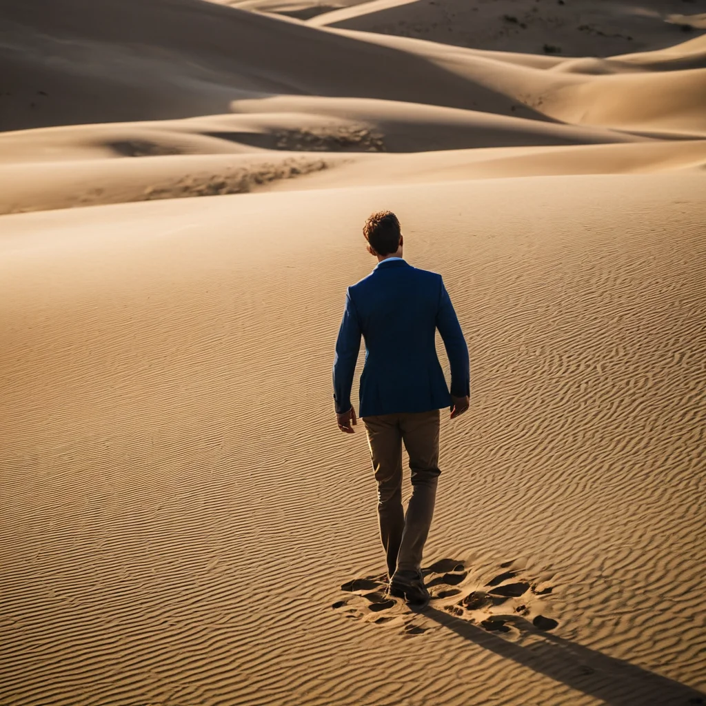 A man in a blue suit walking through rippled sand dunes at sunset