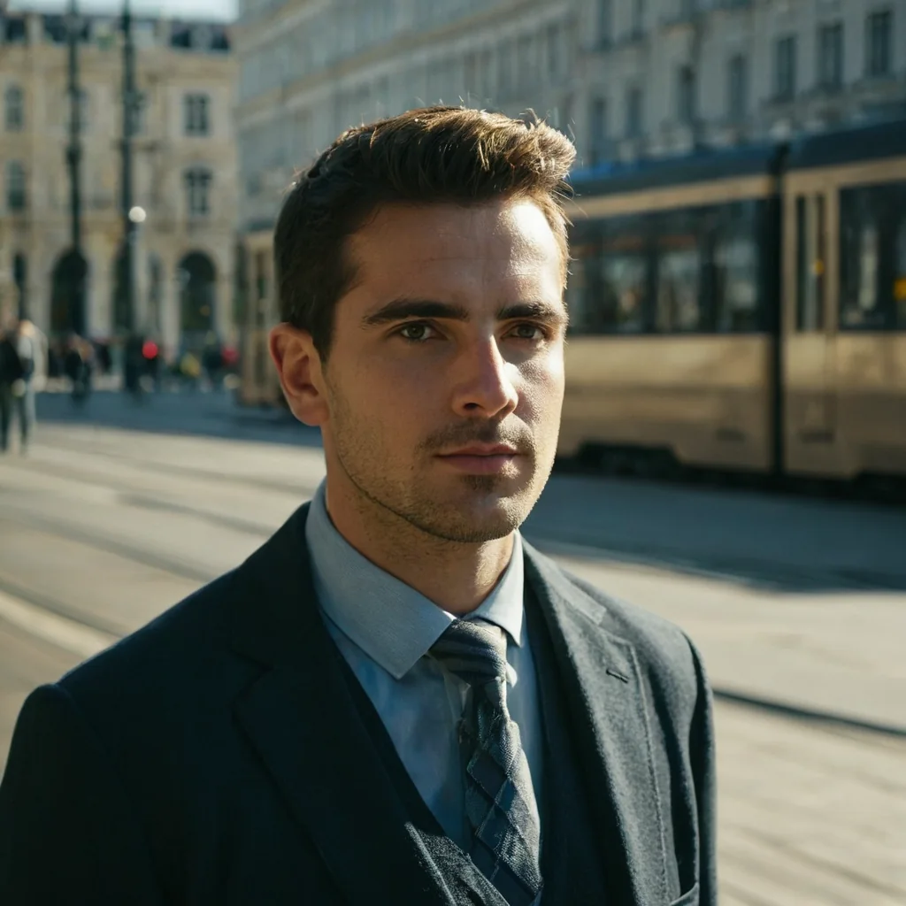 A man in a suit and tie standing on a city street with a tram and buildings behind him.