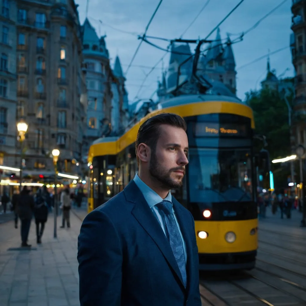 A man in a suit stands on a city sidewalk as a yellow tram passes by under twilight skies.
