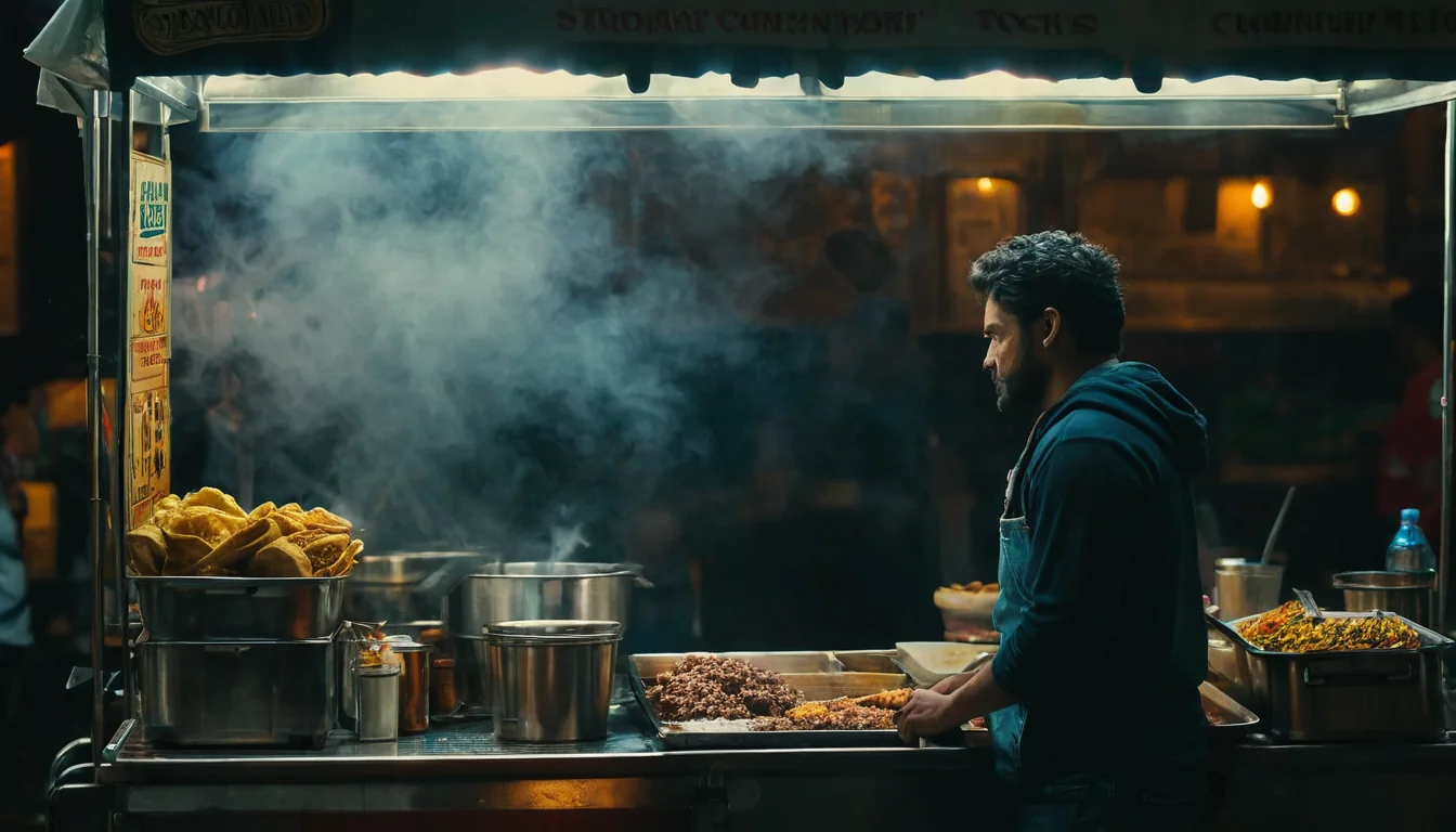 A man prepares tacos at a smoky street food stall at night.