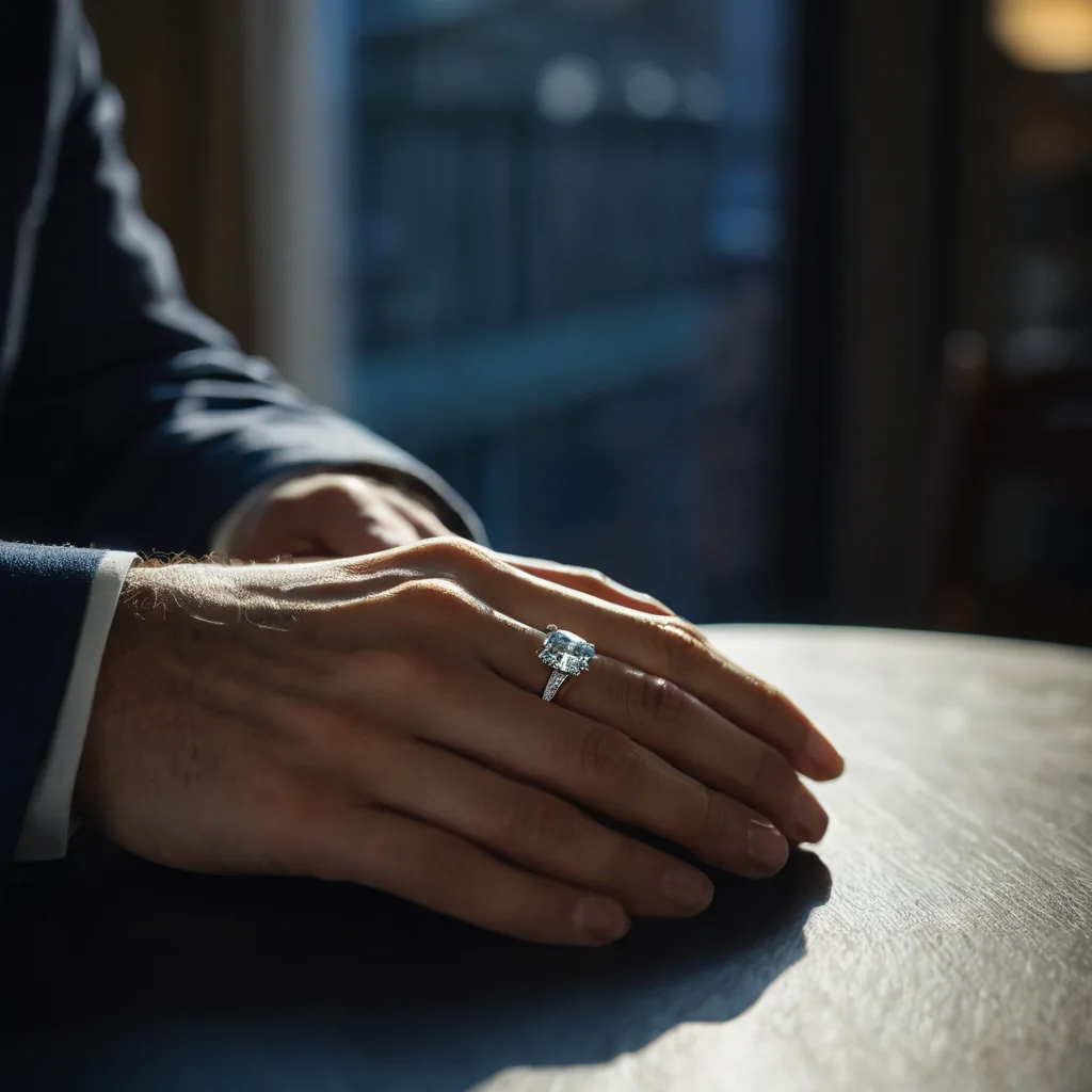 A man's hand wearing a blue gemstone ring on a wooden table in sunlight