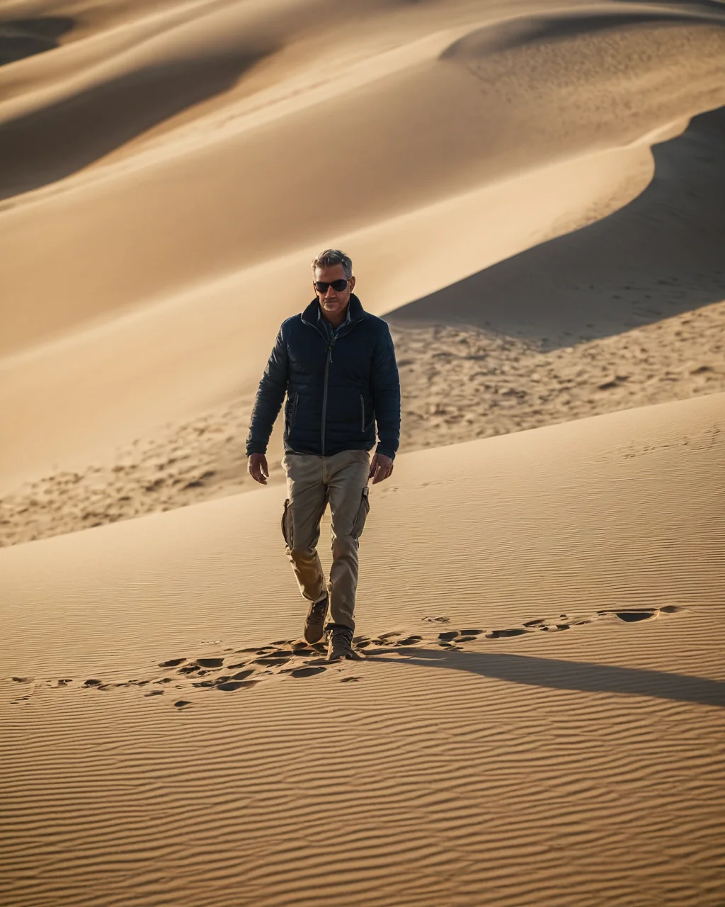 A man walking through desert sand dunes wearing sunglasses and a jacket