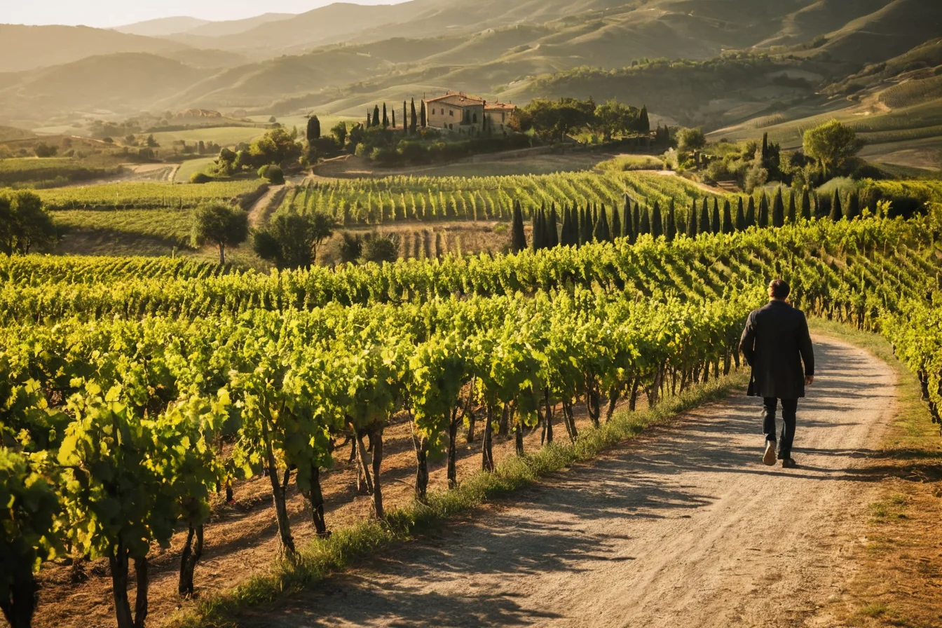 A man walks on a dirt path through a vineyard toward a villa on rolling hills at sunset.