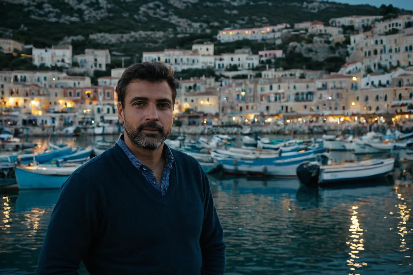 A man with a beard stands by water with boats and a lit town behind him at dusk.