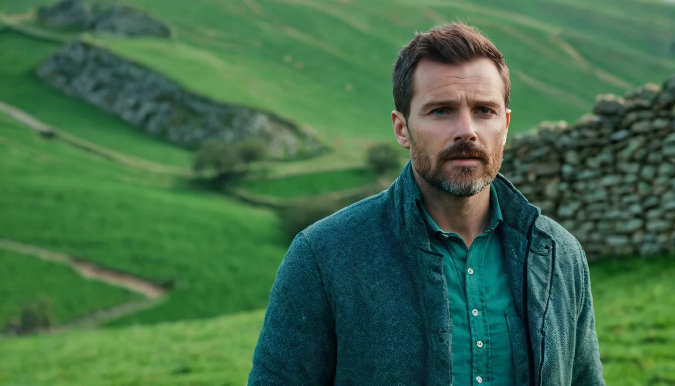 A man with a beard wearing a green shirt and jacket stands in a green valley with stone walls.