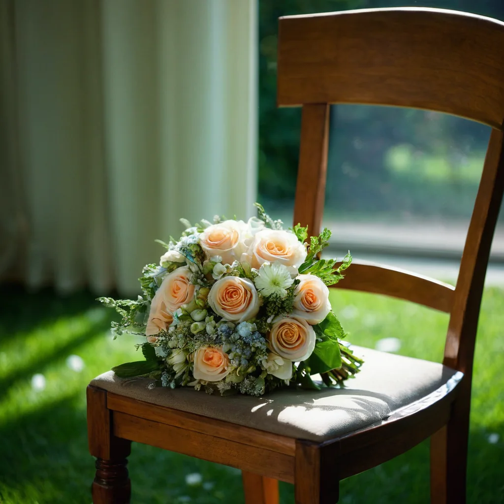 A peach rose bouquet with greenery sits on a wooden chair by a sunny window overlooking grass.