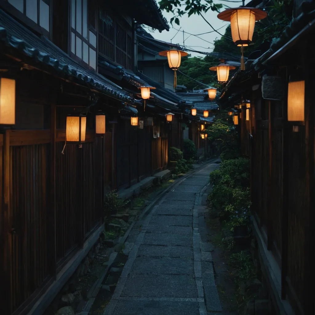 A quiet Japanese alleyway at dusk with glowing lanterns and wooden buildings.