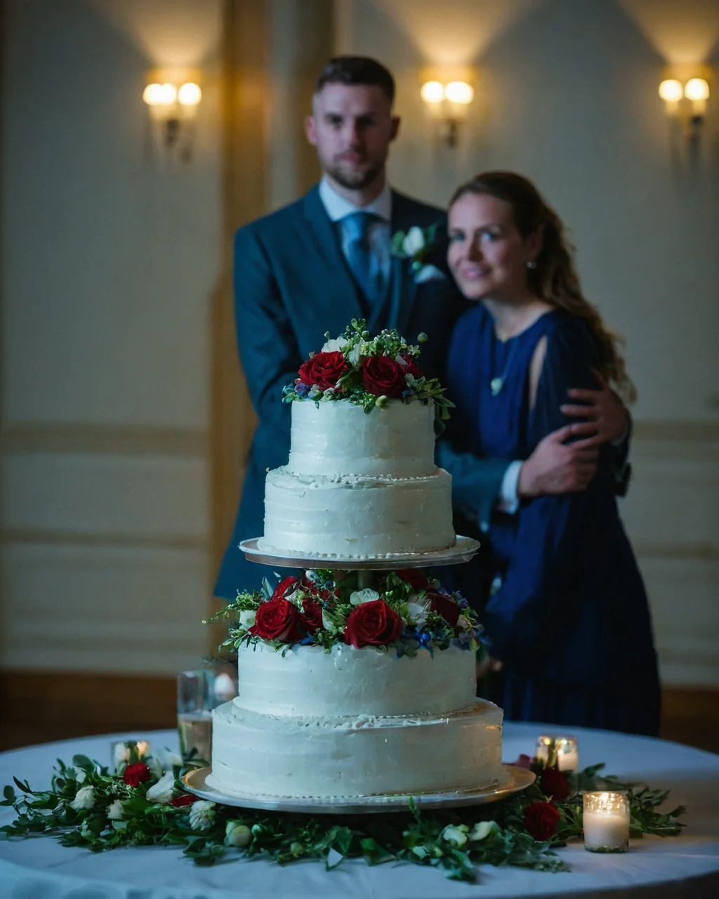 A smiling couple in formal wear stands behind a decorated wedding cake with red roses and candles.