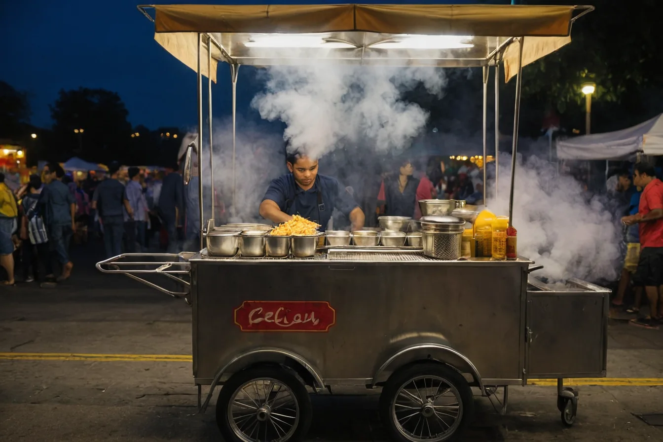 A street food vendor prepares food on a metal cart at night with smoke rising.
