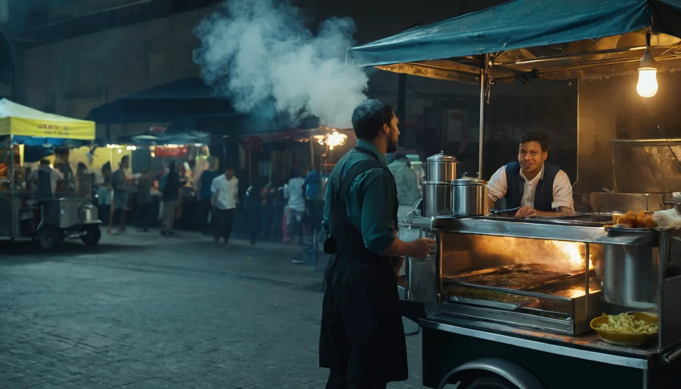 A street vendor grills food under a blue canopy at night in a crowded market.